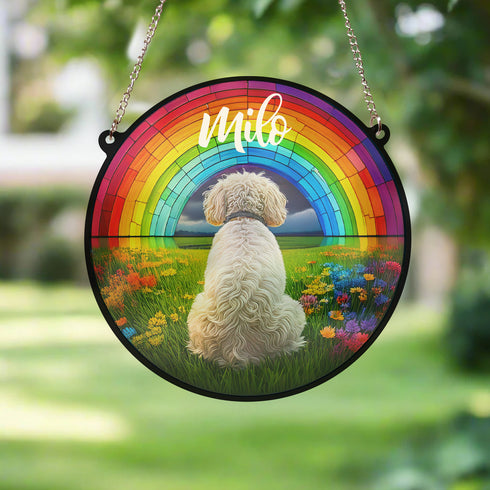 Bichon Frise Rainbow Bridge Personalised Stained Glass Effect Suncatcher